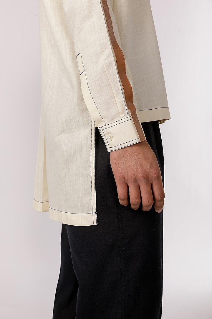 Off-White Cotton & Leather Patch Party Wear Shirt by Line Outline at Pernia's Pop Up Shop