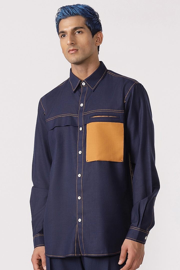 Navy Cotton Shirt by Line Outline