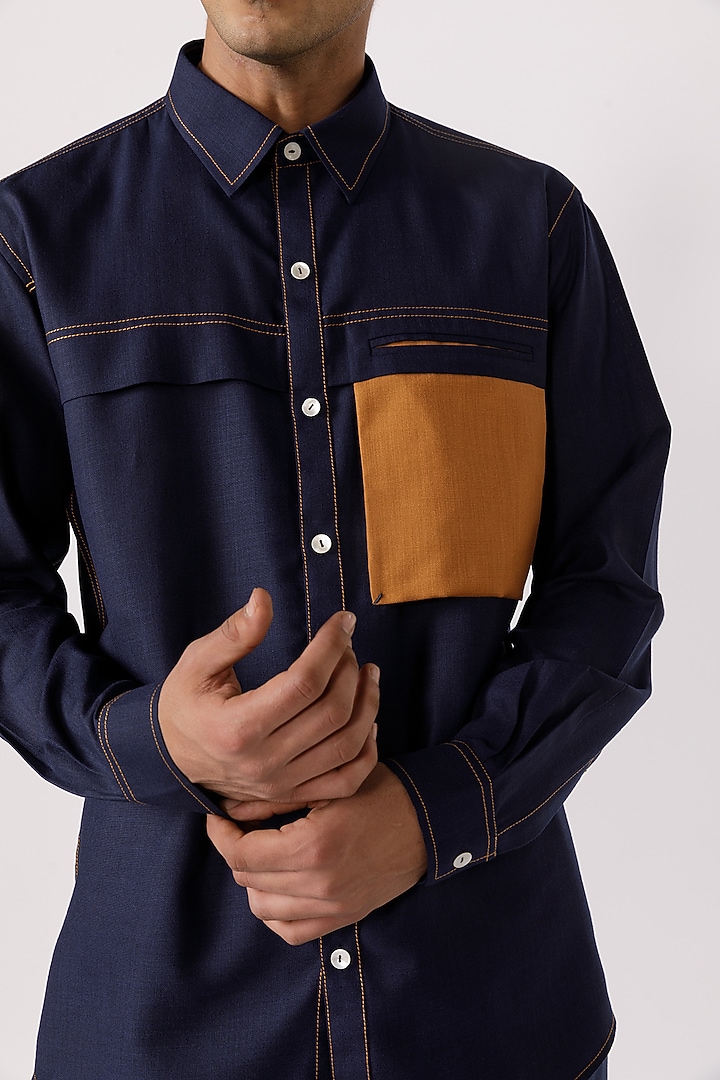 Navy Cotton Party Wear Shirt by Line Outline at Pernia's Pop Up Shop