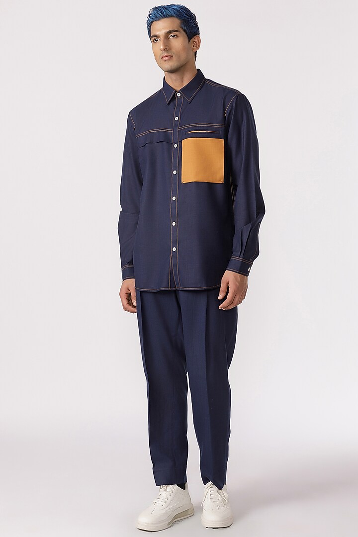 Navy Cotton Party Wear Shirt by Line Outline at Pernia's Pop Up Shop