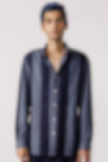 Navy & Grey Cotton Striped Shirt by Line Outline