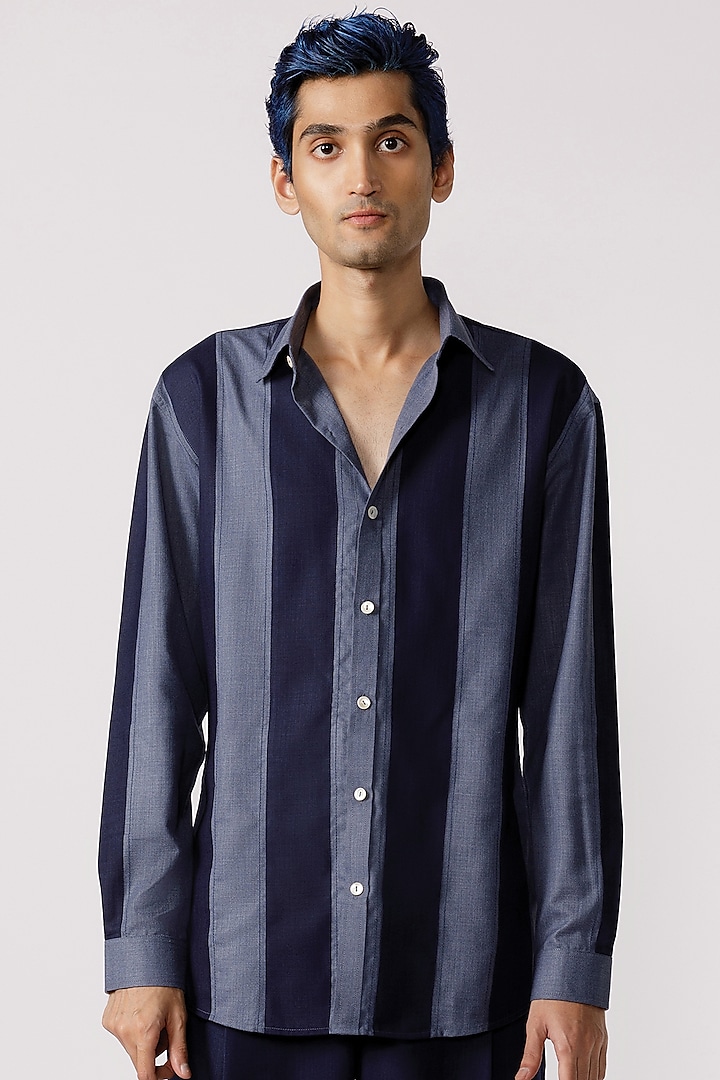 Navy & Grey Cotton Striped Shirt by Line Outline