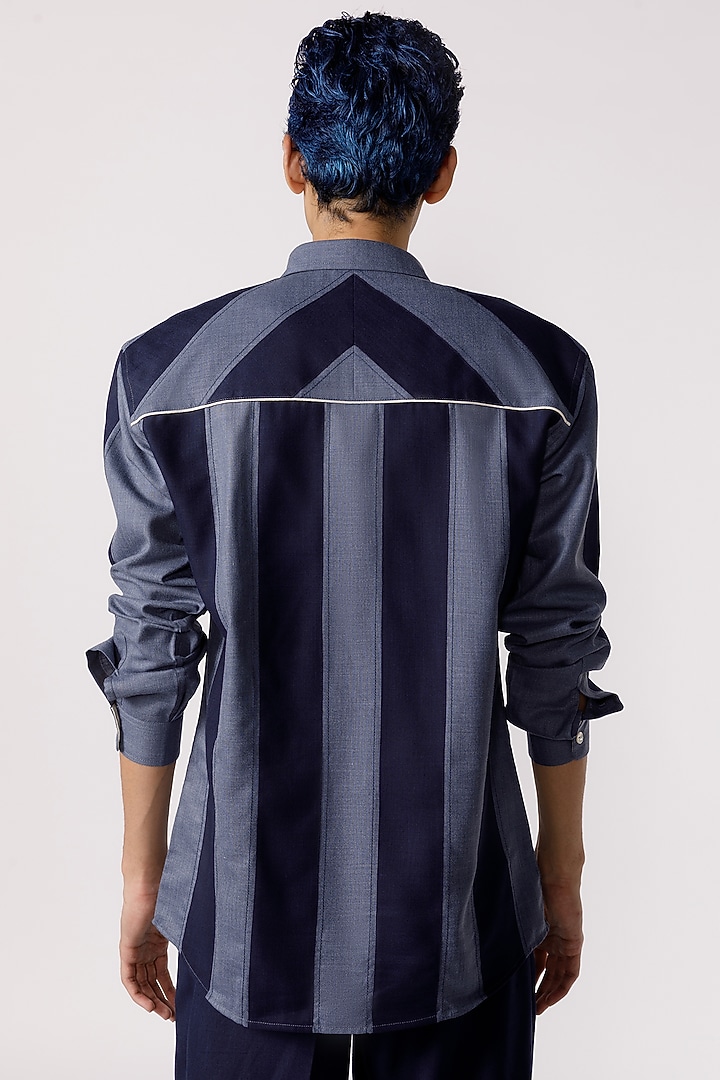 Navy & Grey Cotton Striped Party Wear Shirt by Line Outline at Pernia's Pop Up Shop