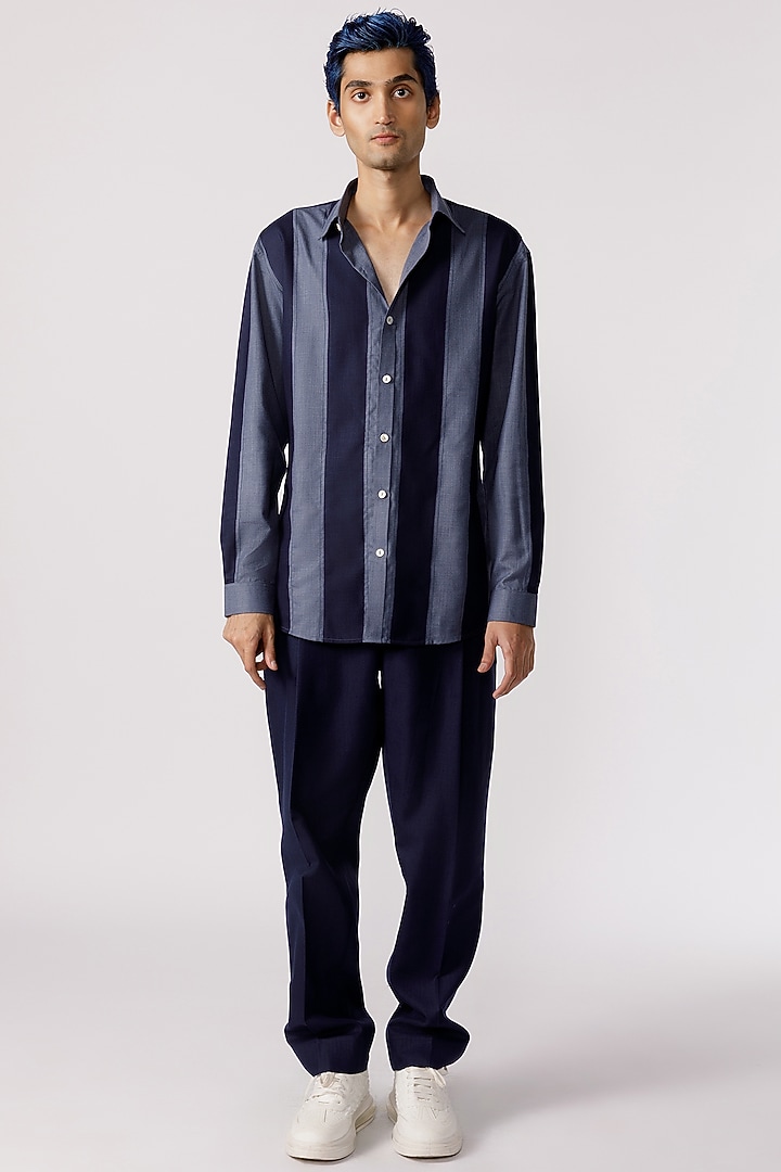 Navy & Grey Cotton Striped Party Wear Shirt by Line Outline at Pernia's Pop Up Shop