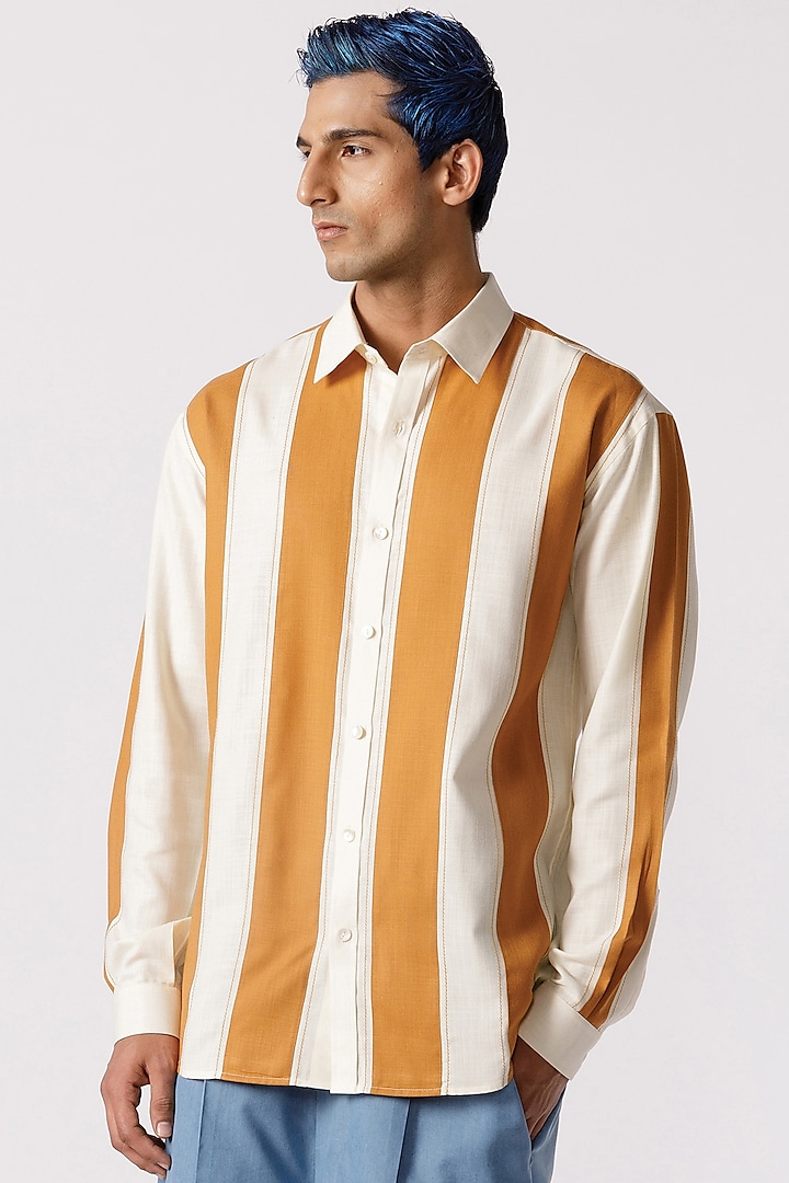 Mustard & White Cotton Striped Shirt by Line Outline