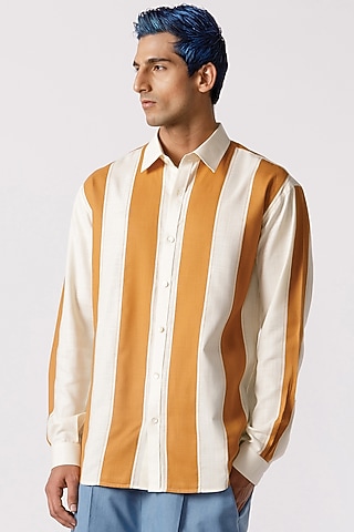 Mustard & White Cotton Striped Shirt by Line Outline