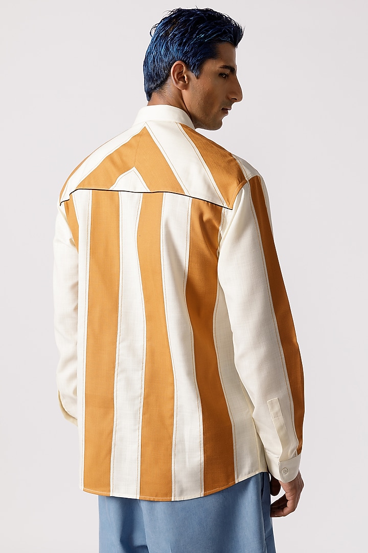 Mustard & White Cotton Striped Party Wear Shirt by Line Outline at Pernia's Pop Up Shop