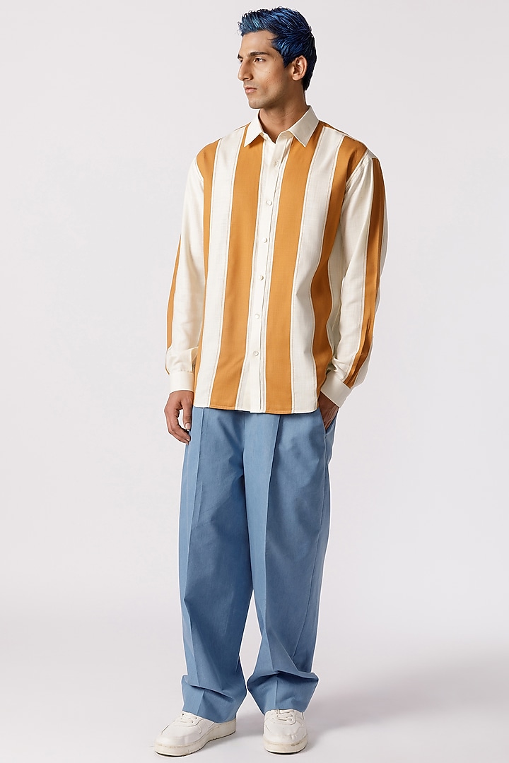 Mustard & White Cotton Striped Party Wear Shirt by Line Outline at Pernia's Pop Up Shop