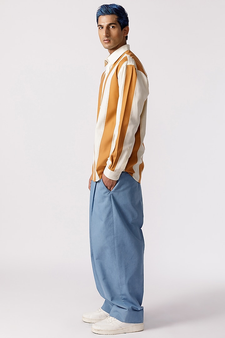 Mustard & White Cotton Striped Party Wear Shirt by Line Outline at Pernia's Pop Up Shop