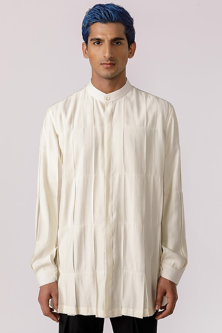 Off-White Chanderi Box Pleated Shirt by Line Outline