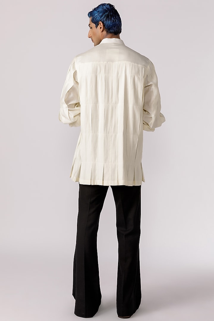 Off-White Chanderi Box Pleated Party Wear Shirt by Line Outline at Pernia's Pop Up Shop