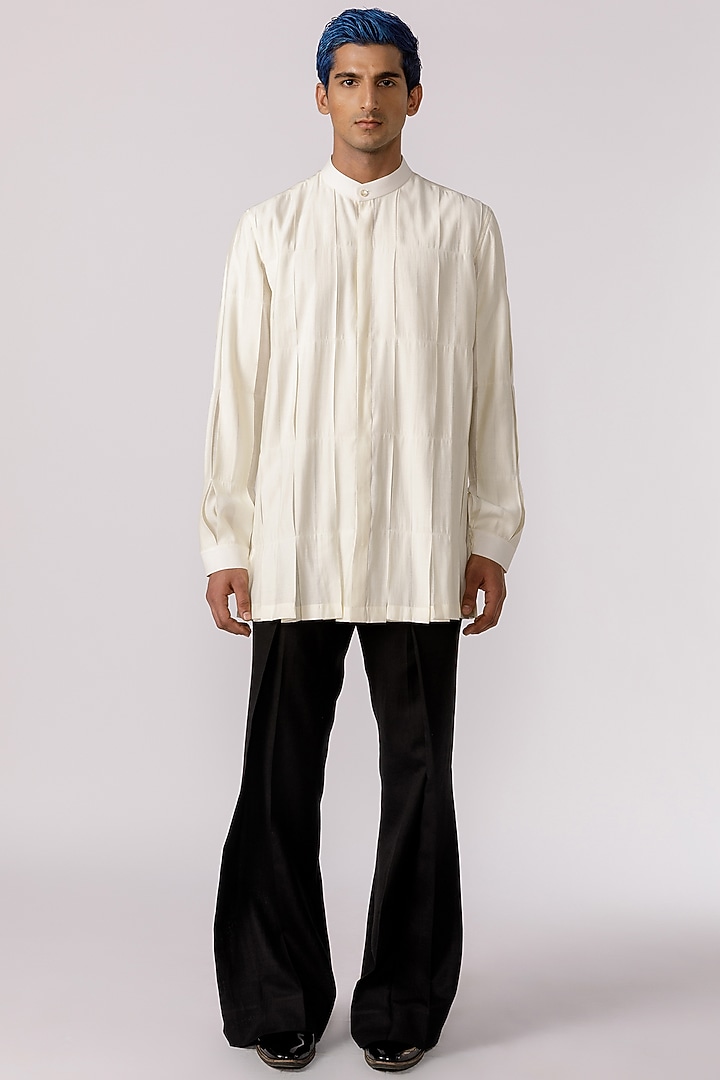 Off-White Chanderi Box Pleated Party Wear Shirt by Line Outline at Pernia's Pop Up Shop