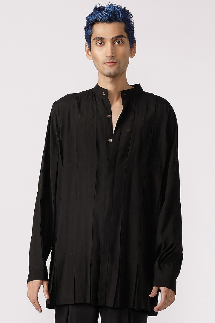 Black Chanderi Box Pleated Shirt by Line Outline