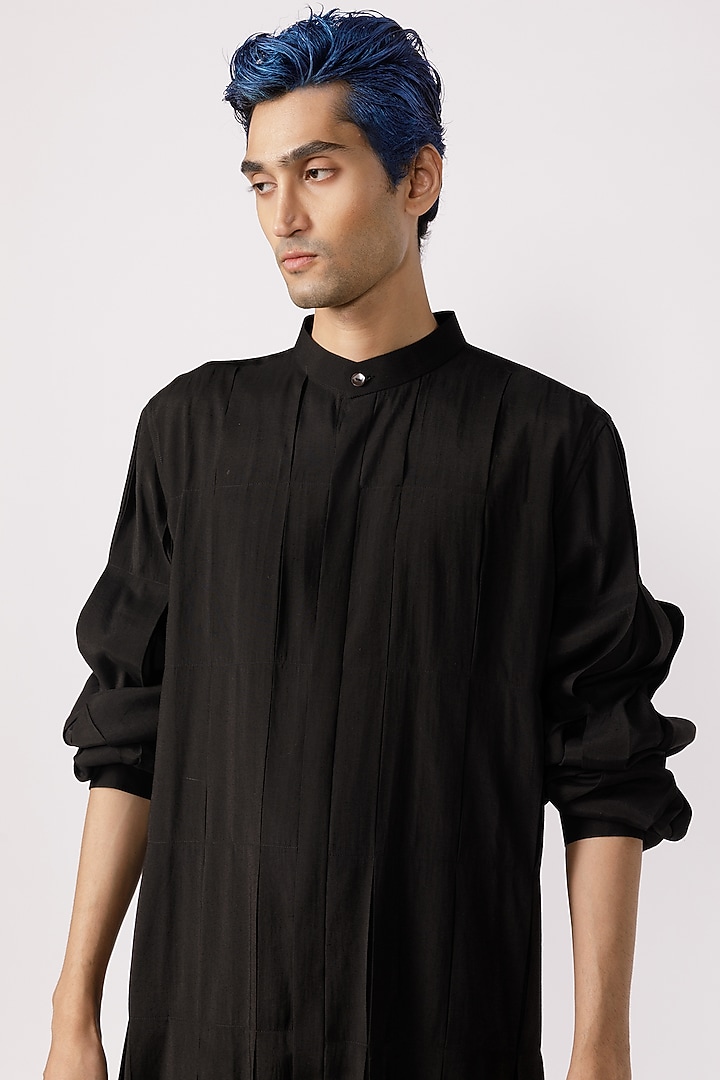 Black Chanderi Box Pleated Party Wear Shirt by Line Outline at Pernia's Pop Up Shop