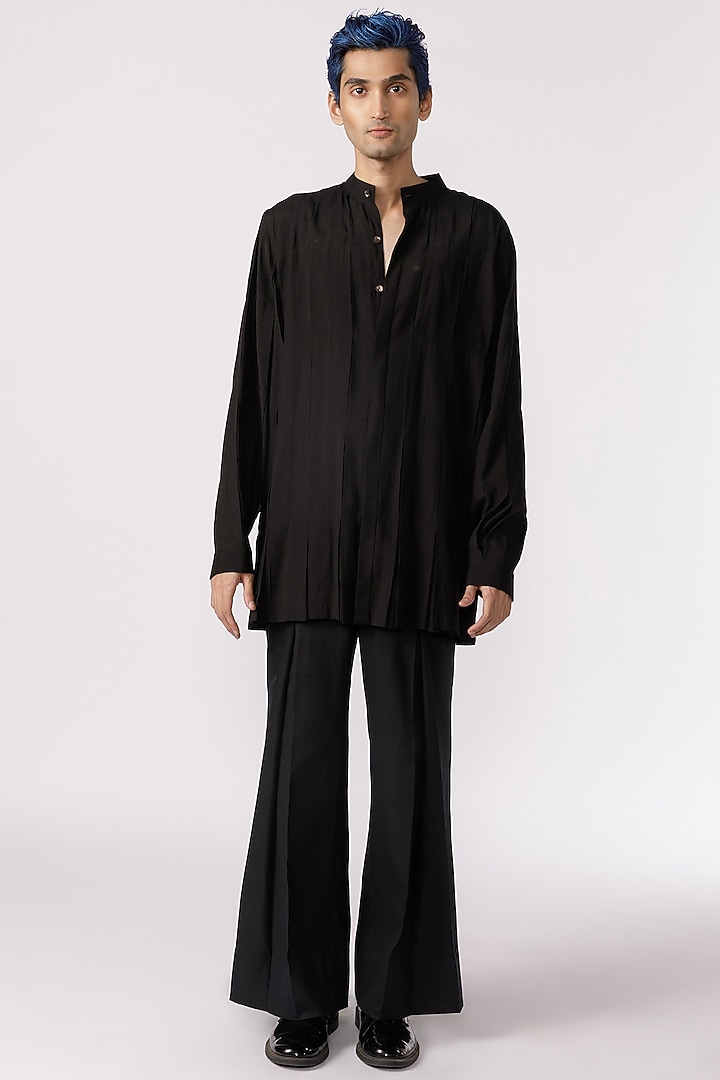 Black Chanderi Box Pleated Party Wear Shirt by Line Outline at Pernia's Pop Up Shop