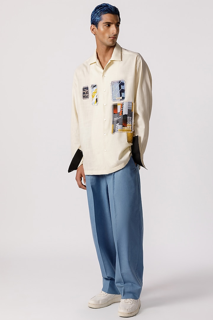 Off-White Cotton Patch Printed Party Wear Shirt by Line Outline at Pernia's Pop Up Shop