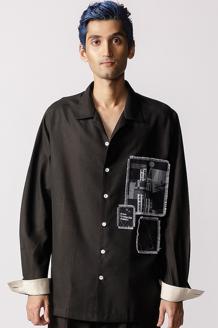 Black Cotton Patch Printed Shirt by Line Outline