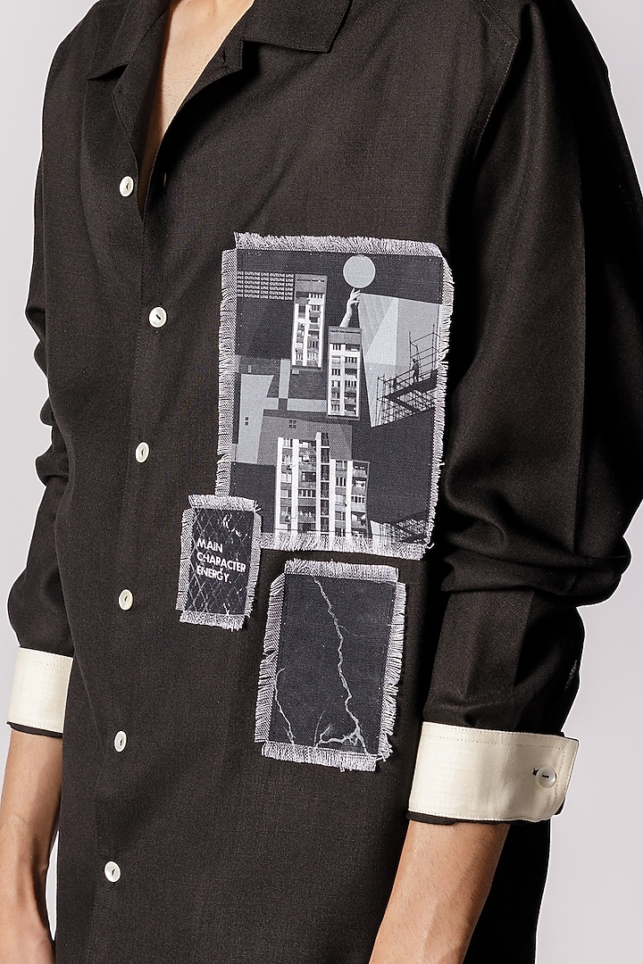 Black Cotton Patch Printed Party Wear Shirt by Line Outline at Pernia's Pop Up Shop