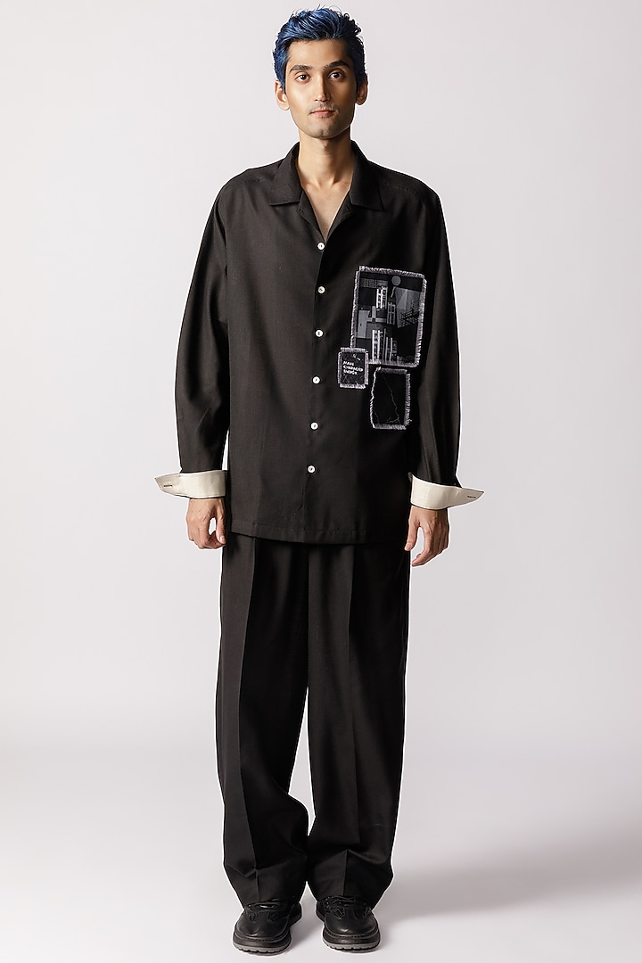 Black Cotton Patch Printed Party Wear Shirt by Line Outline at Pernia's Pop Up Shop