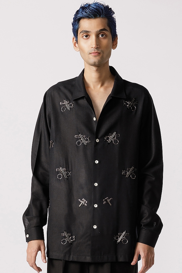 Black Cotton Geometric Embroidered Party Wear Shirt by Line Outline at Pernia's Pop Up Shop