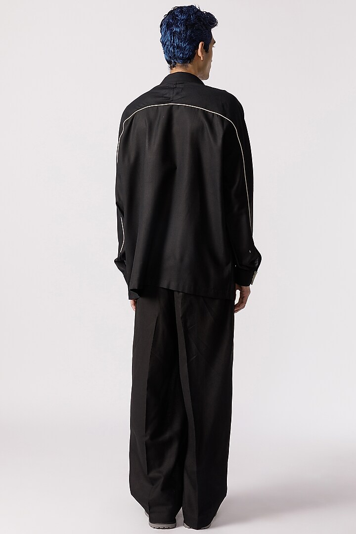 Black Cotton Geometric Embroidered Party Wear Shirt by Line Outline at Pernia's Pop Up Shop
