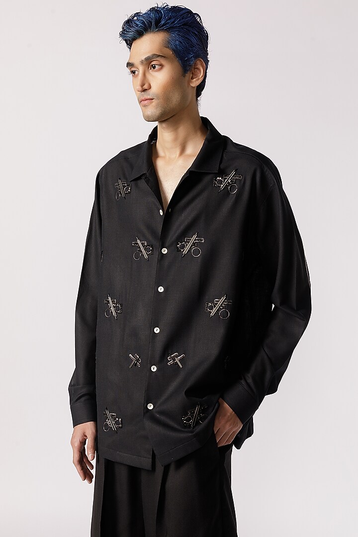 Black Cotton Geometric Embroidered Party Wear Shirt by Line Outline at Pernia's Pop Up Shop