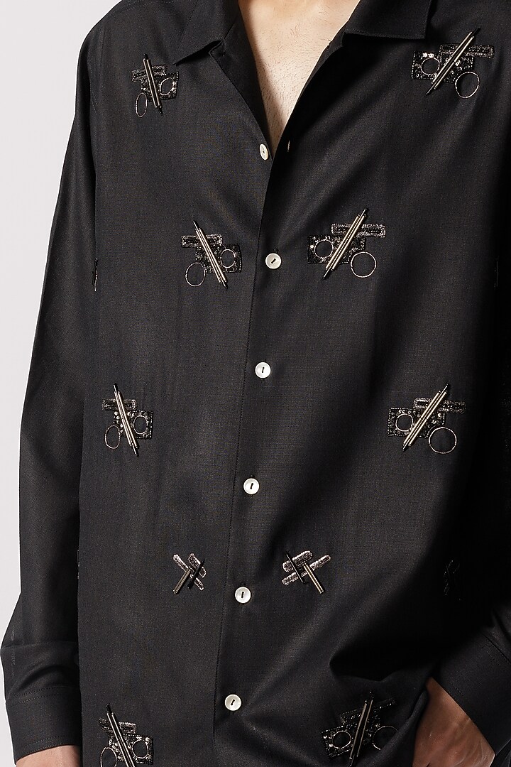 Black Cotton Geometric Embroidered Party Wear Shirt by Line Outline at Pernia's Pop Up Shop