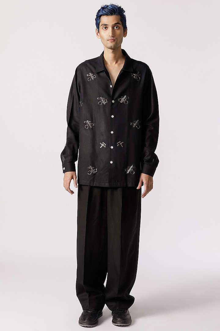 Black Cotton Geometric Embroidered Party Wear Shirt by Line Outline at Pernia's Pop Up Shop
