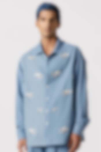 Light Blue Denim Geometric Embroidered Shirt by Line Outline