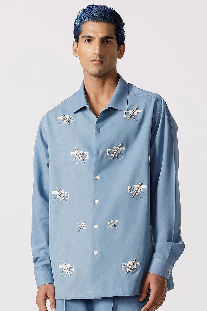 Light Blue Denim Geometric Embroidered Shirt by Line Outline