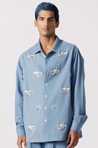 Light Blue Denim Geometric Embroidered Shirt by Line Outline