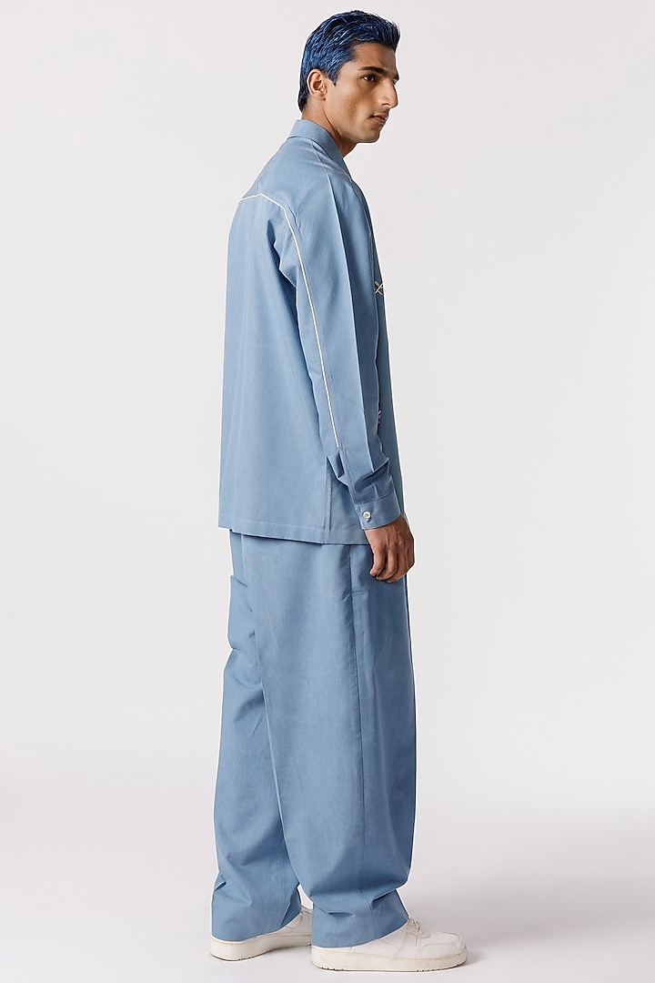 Light Blue Denim Geometric Embroidered Party Wear Shirt by Line Outline at Pernia's Pop Up Shop