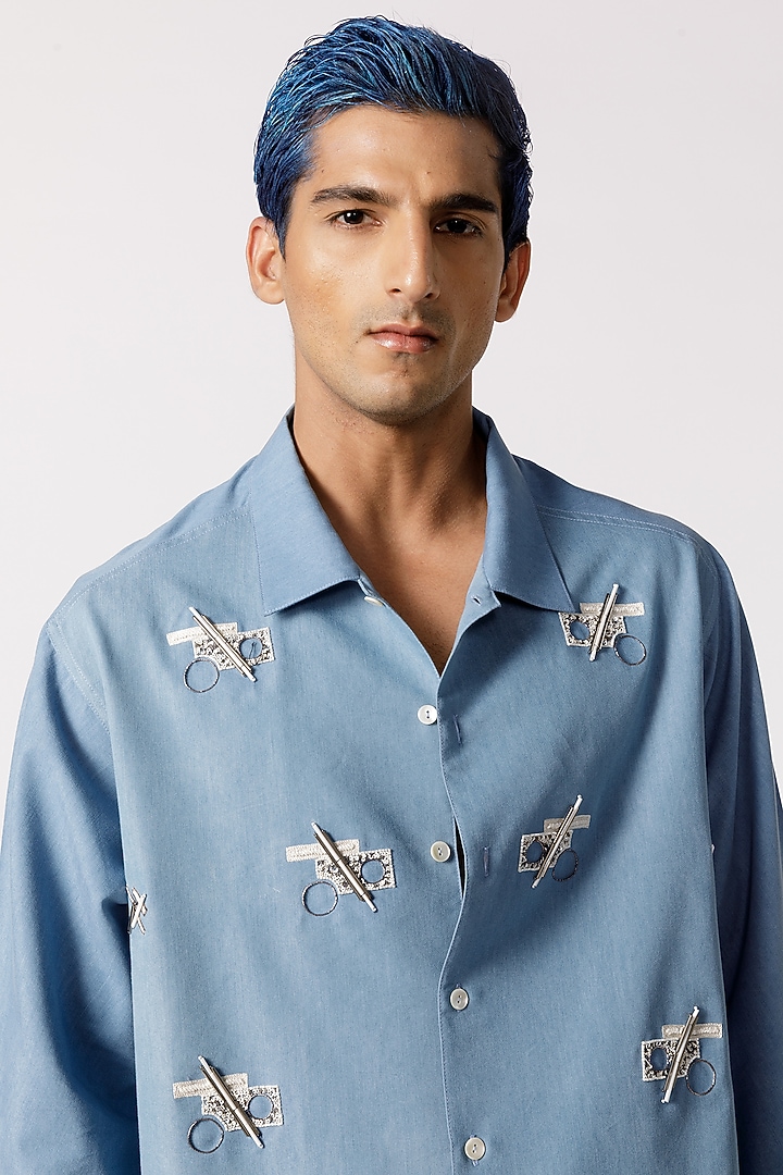 Light Blue Denim Geometric Embroidered Party Wear Shirt by Line Outline at Pernia's Pop Up Shop