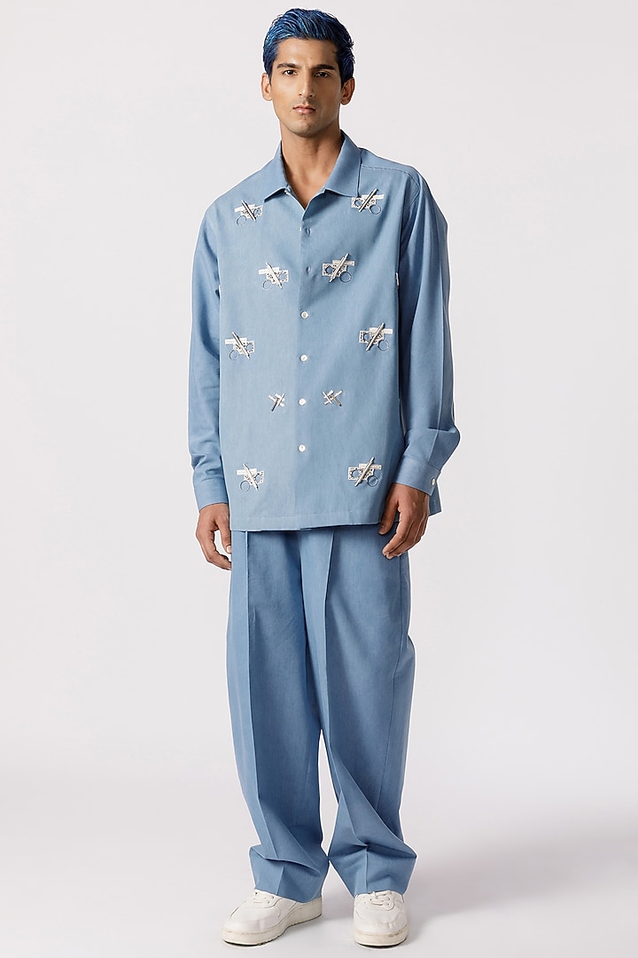 Light Blue Denim Geometric Embroidered Party Wear Shirt by Line Outline at Pernia's Pop Up Shop