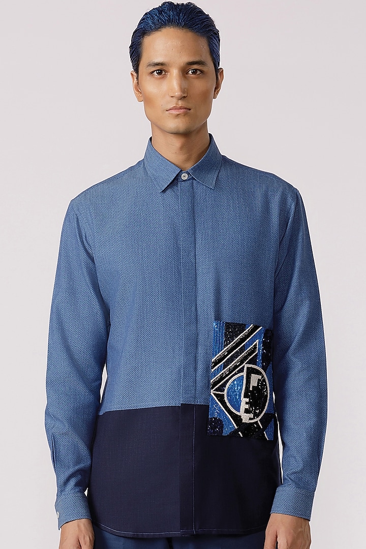 Blue Herringbone Denim Embroidered Paneled Shirt by Line Outline