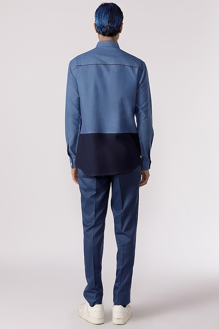 Blue Herringbone Denim Embroidered Paneled Party Wear Shirt by Line Outline at Pernia's Pop Up Shop