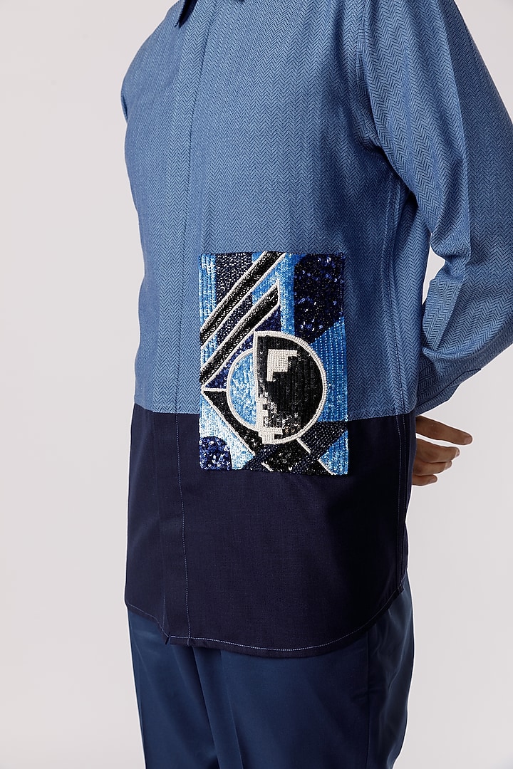 Blue Herringbone Denim Embroidered Paneled Party Wear Shirt by Line Outline at Pernia's Pop Up Shop