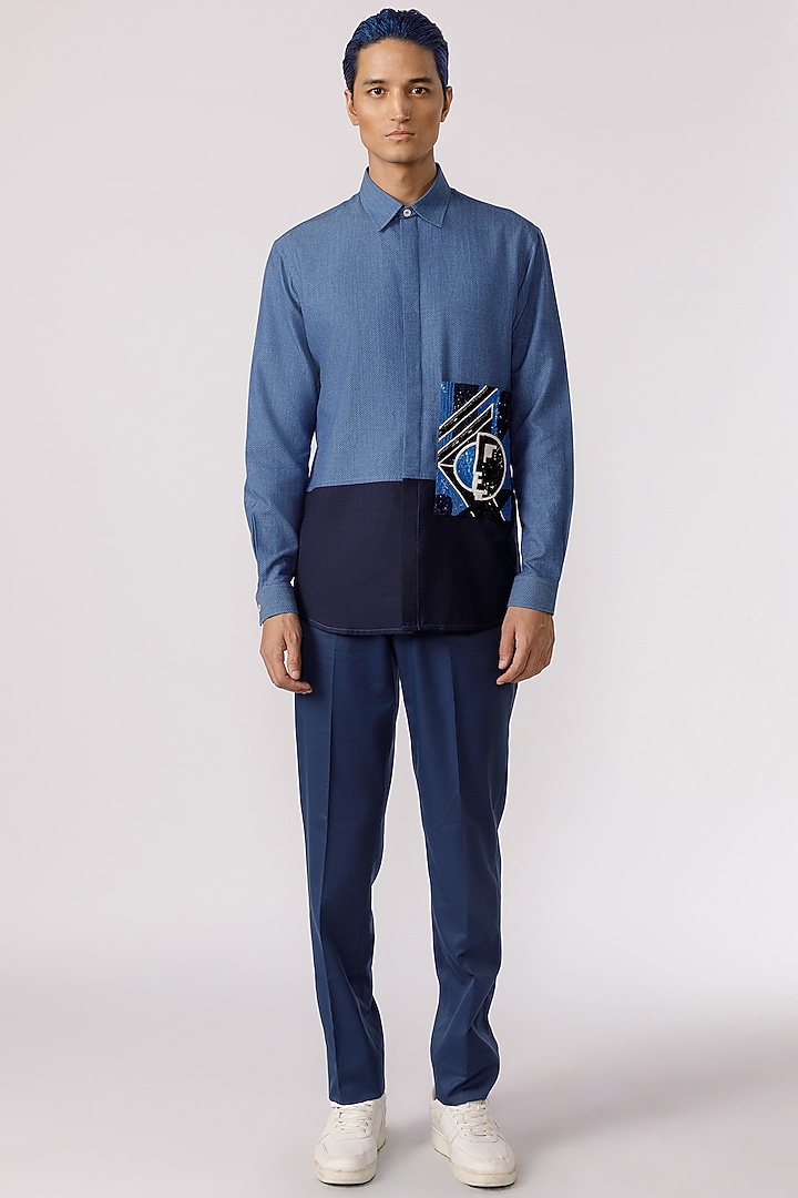 Blue Herringbone Denim Embroidered Paneled Party Wear Shirt by Line Outline at Pernia's Pop Up Shop