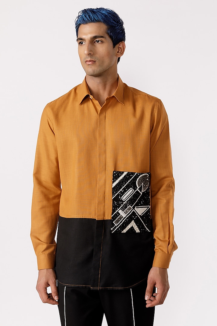 Mustard Cotton Geometric Embroidered Shirt by Line Outline