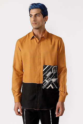 Mustard Cotton Geometric Embroidered Shirt by Line Outline