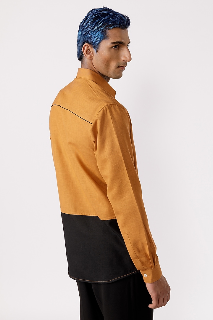 Mustard Cotton Geometric Embroidered Party Wear Shirt by Line Outline at Pernia's Pop Up Shop