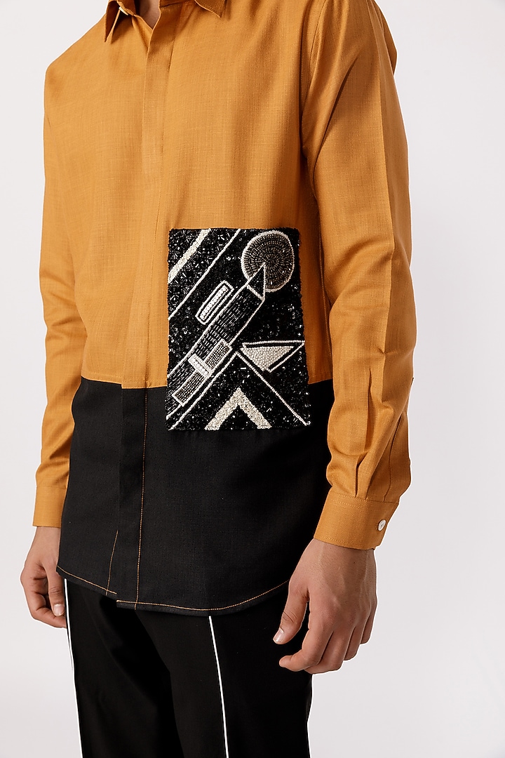 Mustard Cotton Geometric Embroidered Party Wear Shirt by Line Outline at Pernia's Pop Up Shop
