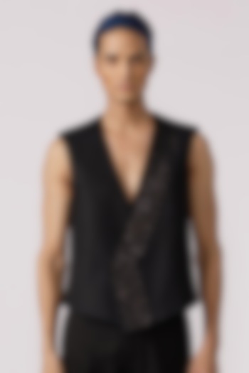 Black Cotton Silver Pitta Embroidered Vest by Line Outline