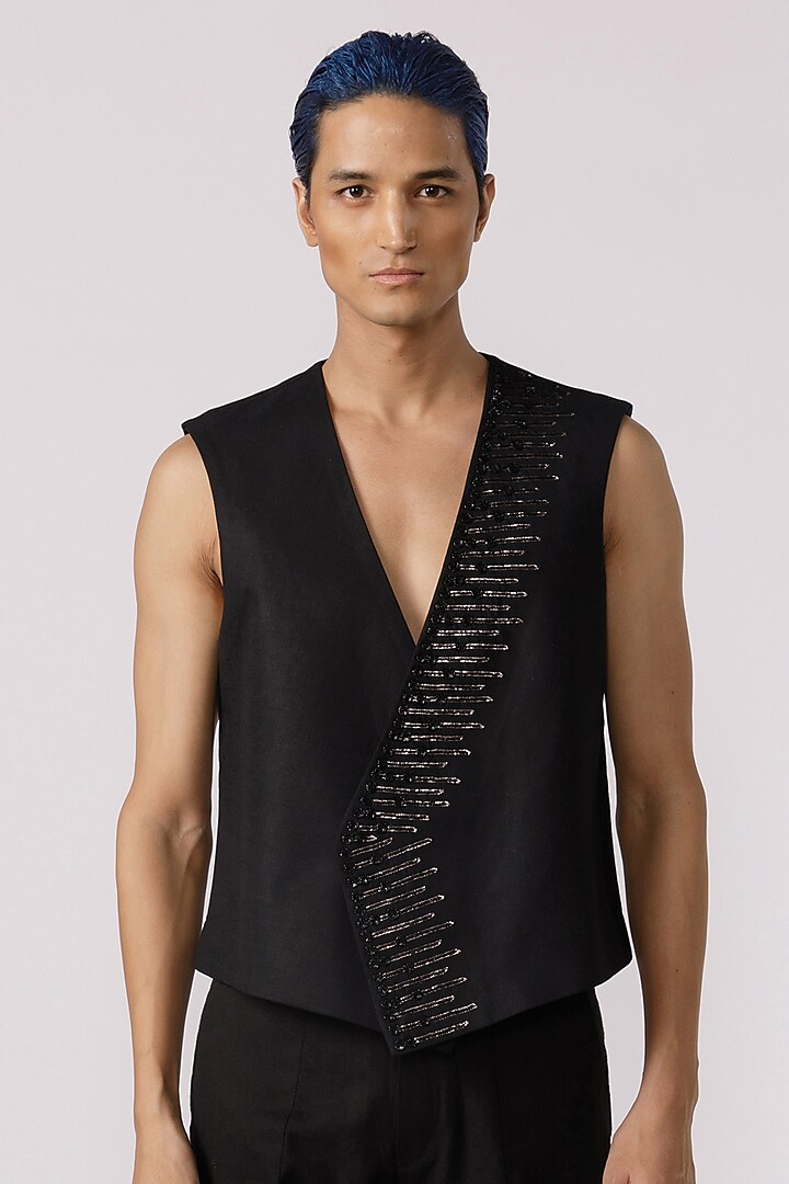 Black Cotton Silver Pitta Embroidered Vest by Line Outline