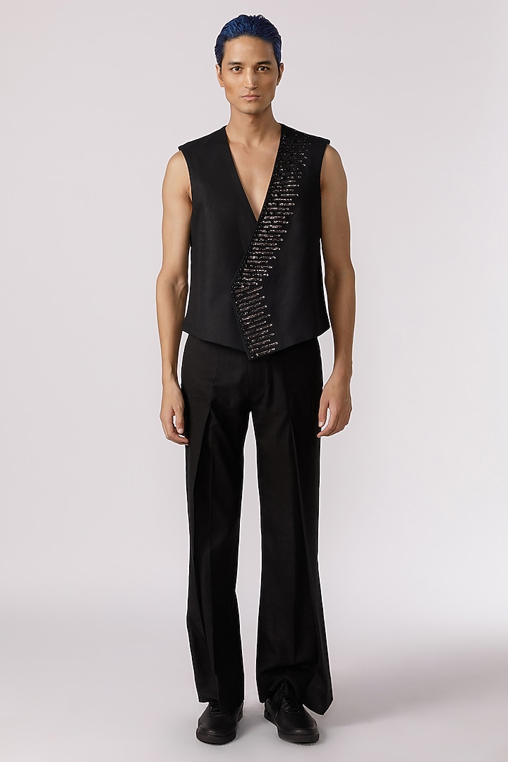 Black Cotton Silver Pitta Embroidered Vest by Line Outline at Pernia's Pop Up Shop