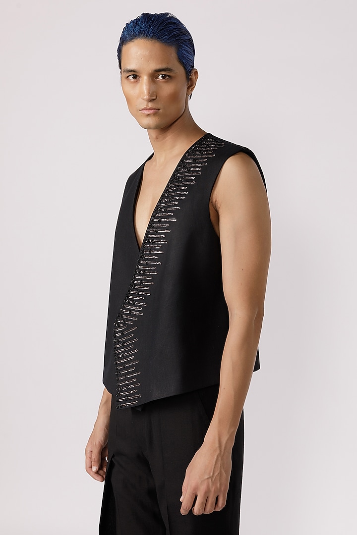 Black Cotton Silver Pitta Embroidered Vest by Line Outline at Pernia's Pop Up Shop