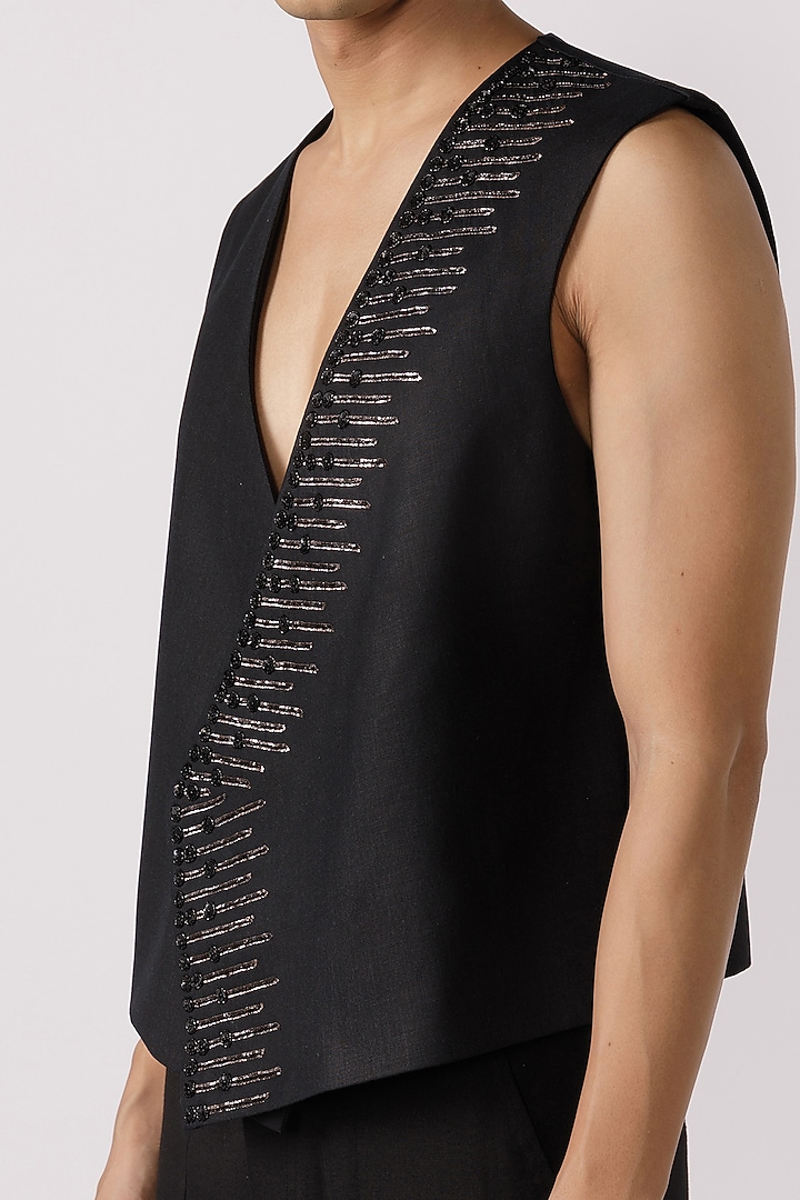 Black Cotton Silver Pitta Embroidered Vest by Line Outline at Pernia's Pop Up Shop