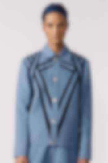 Light Blue Denim Symmetric-Cut Bomber Jacket by Line Outline at Pernia's Pop Up Shop