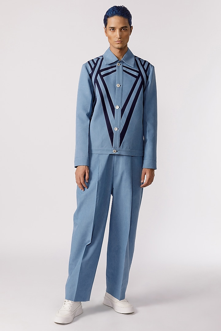 Light Blue Denim Symmetric-Cut Bomber Jacket by Line Outline at Pernia's Pop Up Shop