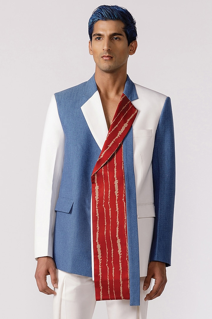 Multi-Colored Jacquard Denim Asymmetric Blazer by Line Outline